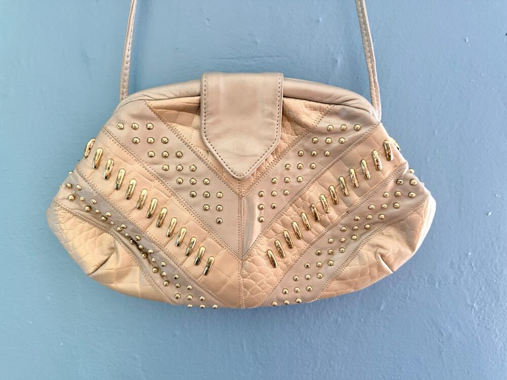 Vintage 1980s Studded Leather Bag 80s Glam Leather Chevron Patchwork